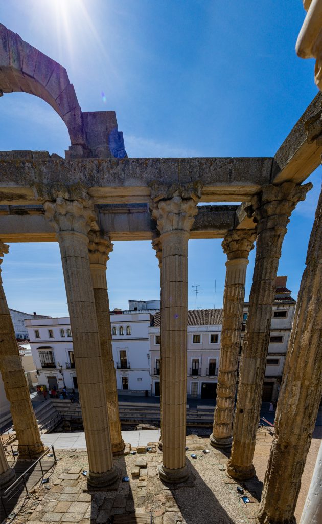 Roman Columns standing at the Temple of Diana in Mérida, Spain.