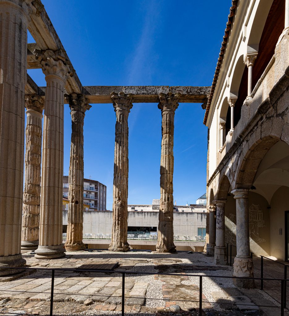 Roman columns stand at the ancient Temple of Diana in Mérida, Spain.