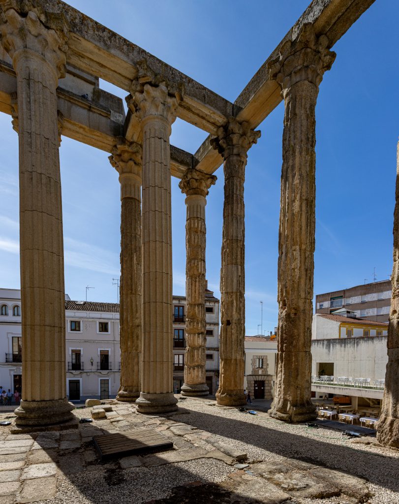 Roman columns standing at the Temple of Diana in Mérida, Spain.
