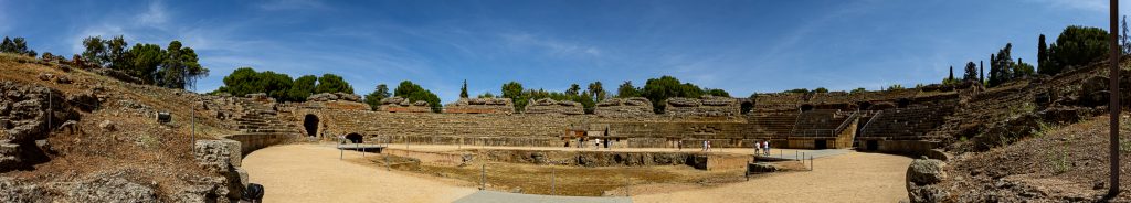 A panoramic view of the Roman amphitheater in Mérida, Spain.