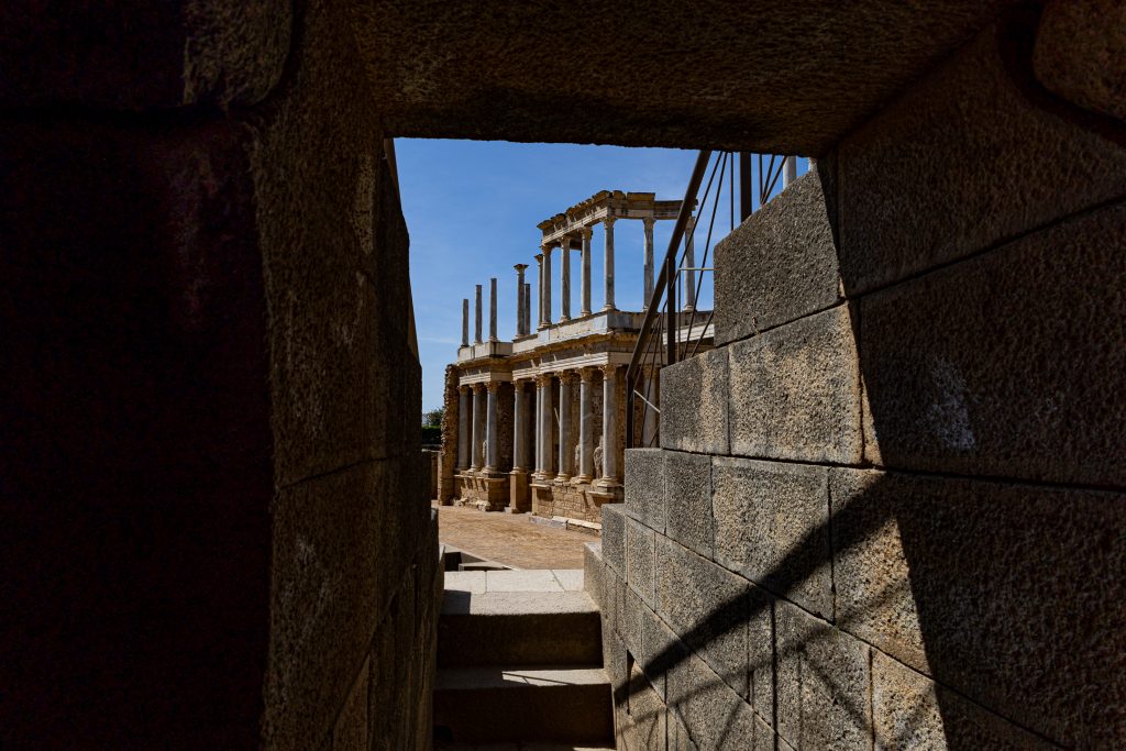 Columns stand behind the stage at the ancient Roman Theater in Mérida, Spain.
