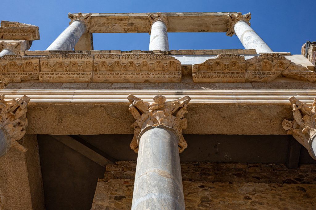 Columns and caps in the ancient Roman theater in Mérida, Spain.