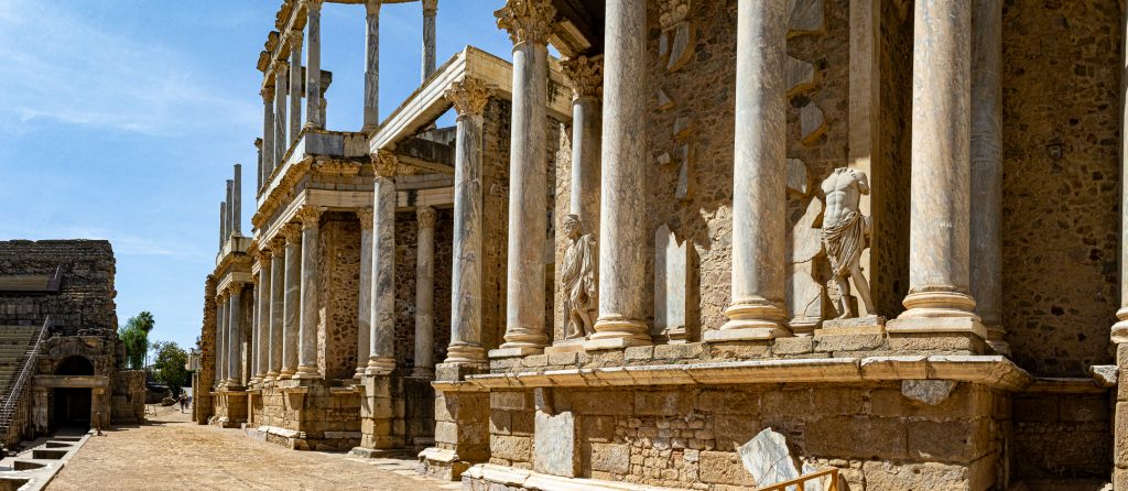 A panoramic view of the backdrop of the Roman theater.