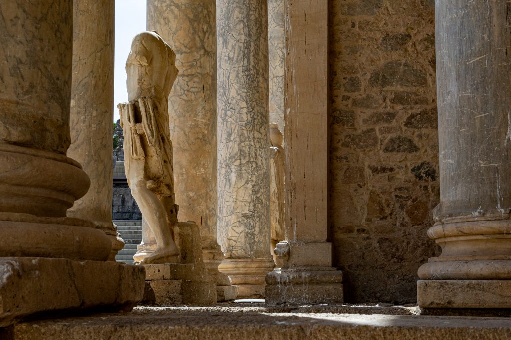 Rear view of ruined statues in the Roman theater.