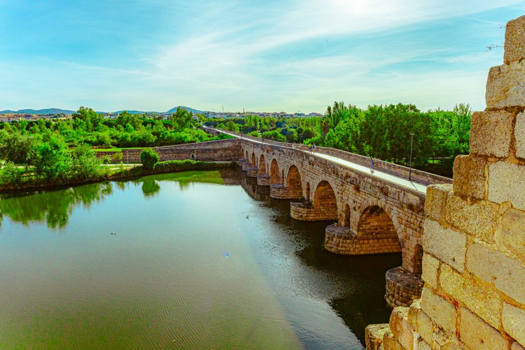 The Roman bridge leading out of the city of Mérida, Spain. The bridge is still in use today.