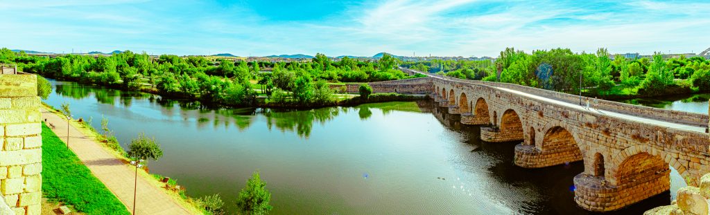 A panoramic view of the bridge by the Alcazaba in Mérida, Spain.