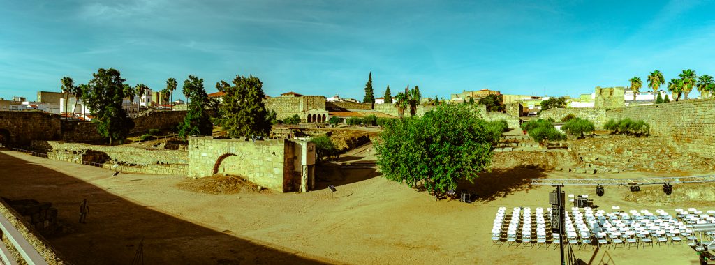 A view from the wall of the interior of the Alcazaba, an ancient Moorish fortress in Mérida, Spain.
