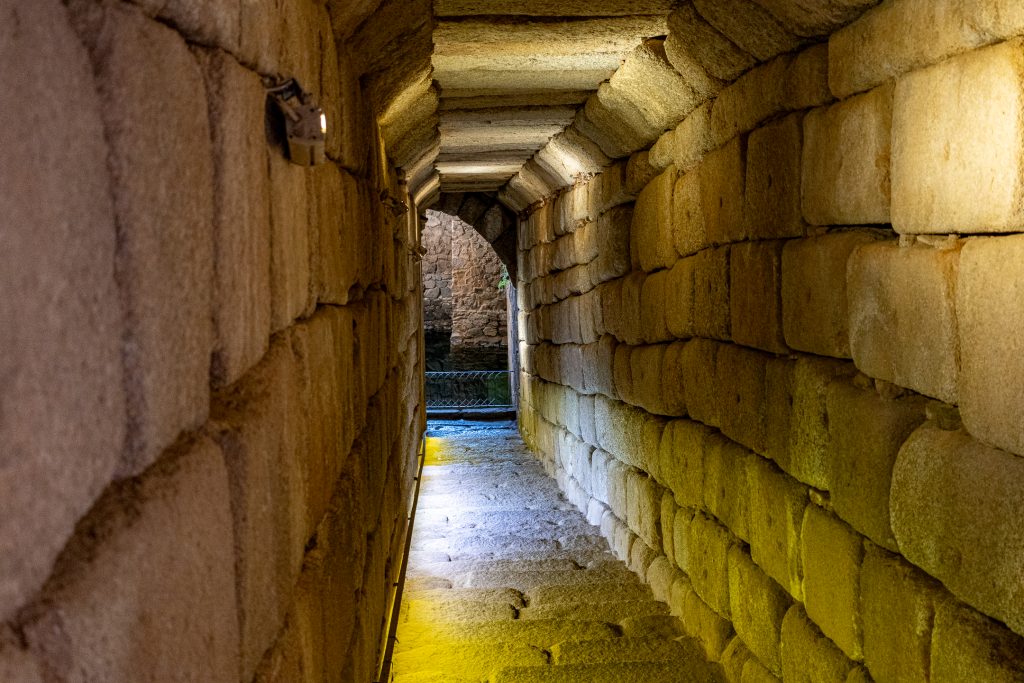 A passageway leads down to where water was collected inside Alcazaba, an ancient Moorish fortress in Mérida, Spain.