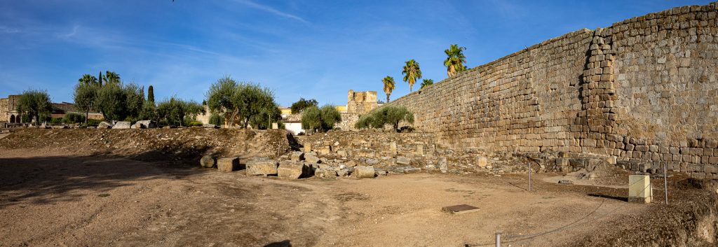 A view of the wall of Alcazaba, an ancient Moorish fortress in Mérida, Spain.
