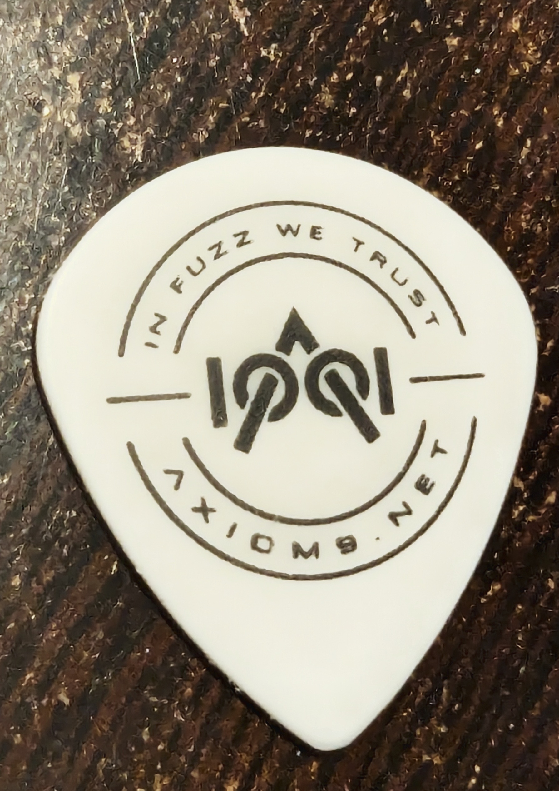 A guitar pick with the Axiom9 logo printed on it.