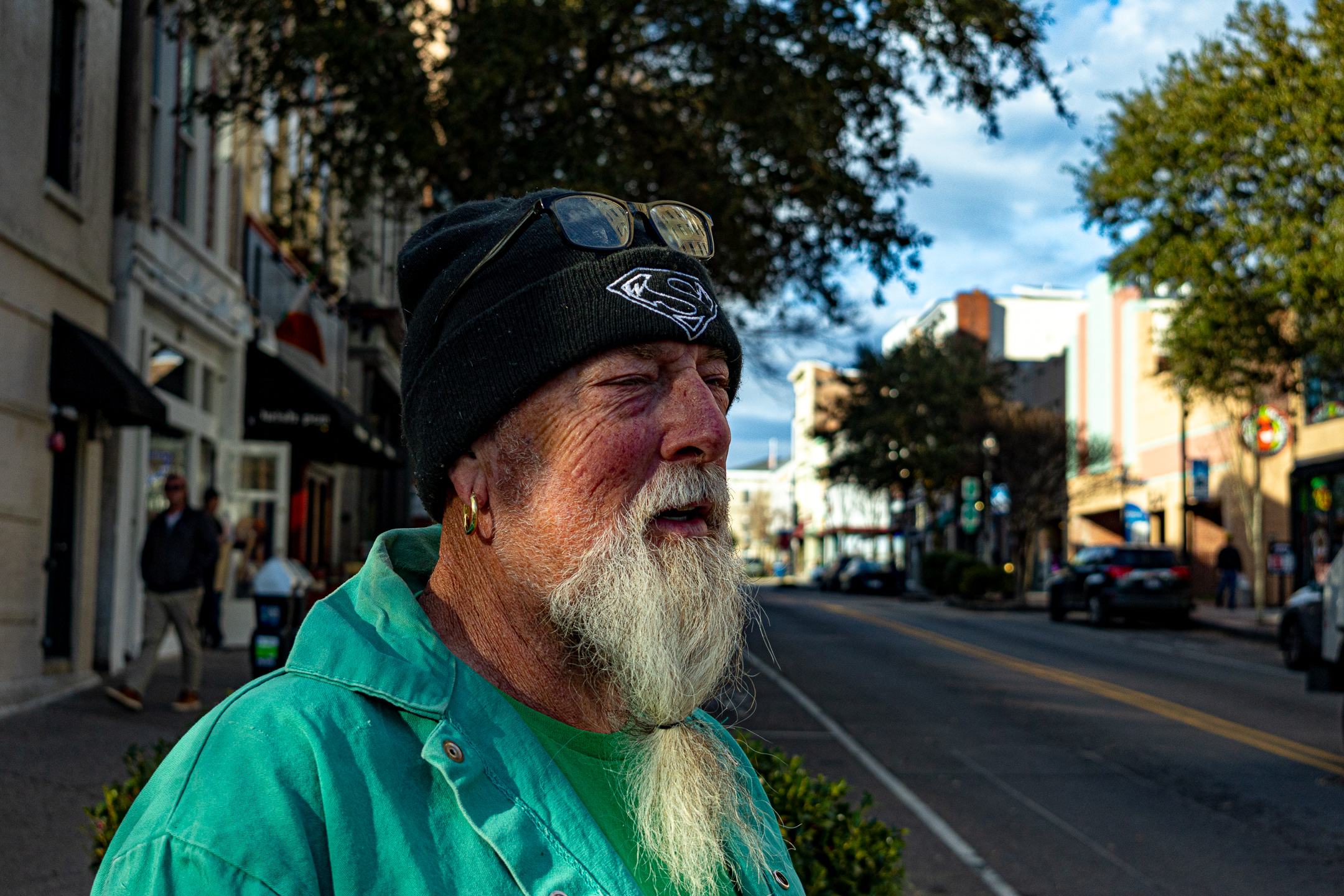 A man prepares to cross the street in Wilmington, NC.